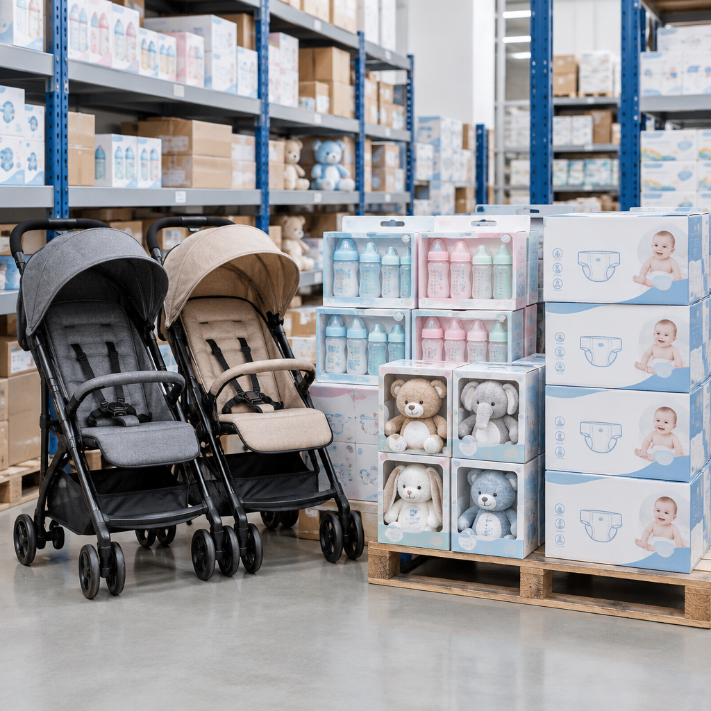 Neatly arranged baby products lot with strollers, feeding sets, and pastel toy packaging in a clean storage aisle