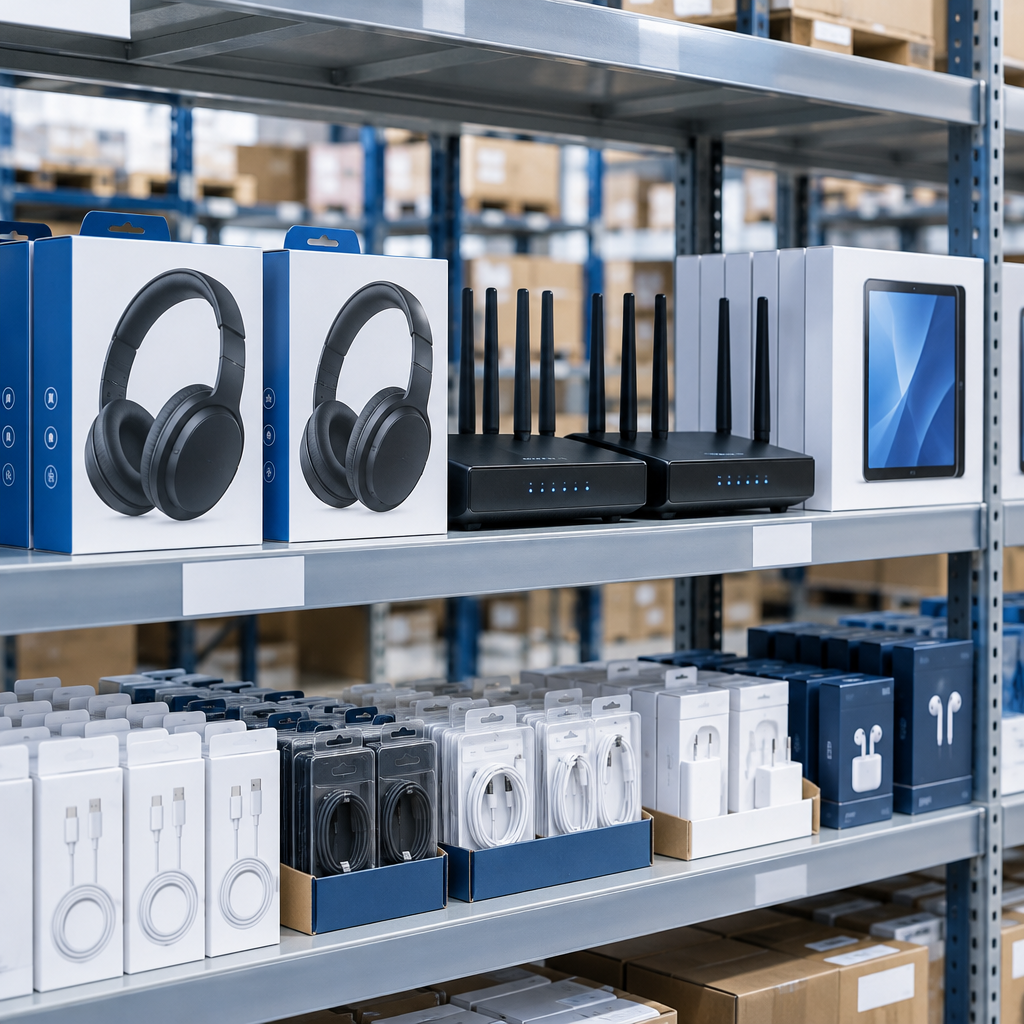 Assorted consumer electronics clearance items including boxed headphones, routers, tablets, and small accessories arranged on warehouse shelving
