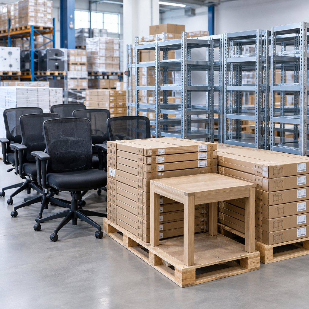 Mixed furniture lot featuring stacked flat-pack tables, office chairs, and shelving units in a distribution area
