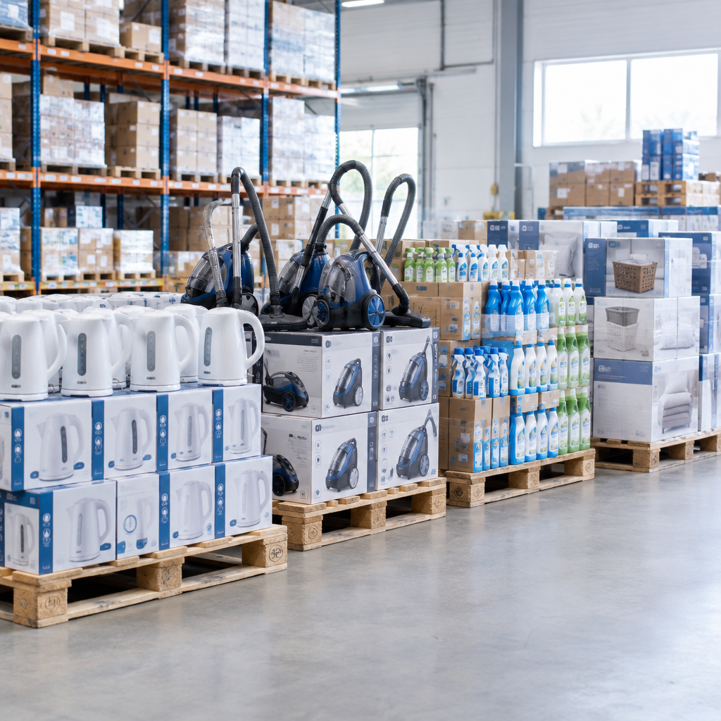 Household stock bundles with kitchen appliances, cleaning products, and boxed home essentials on pallets