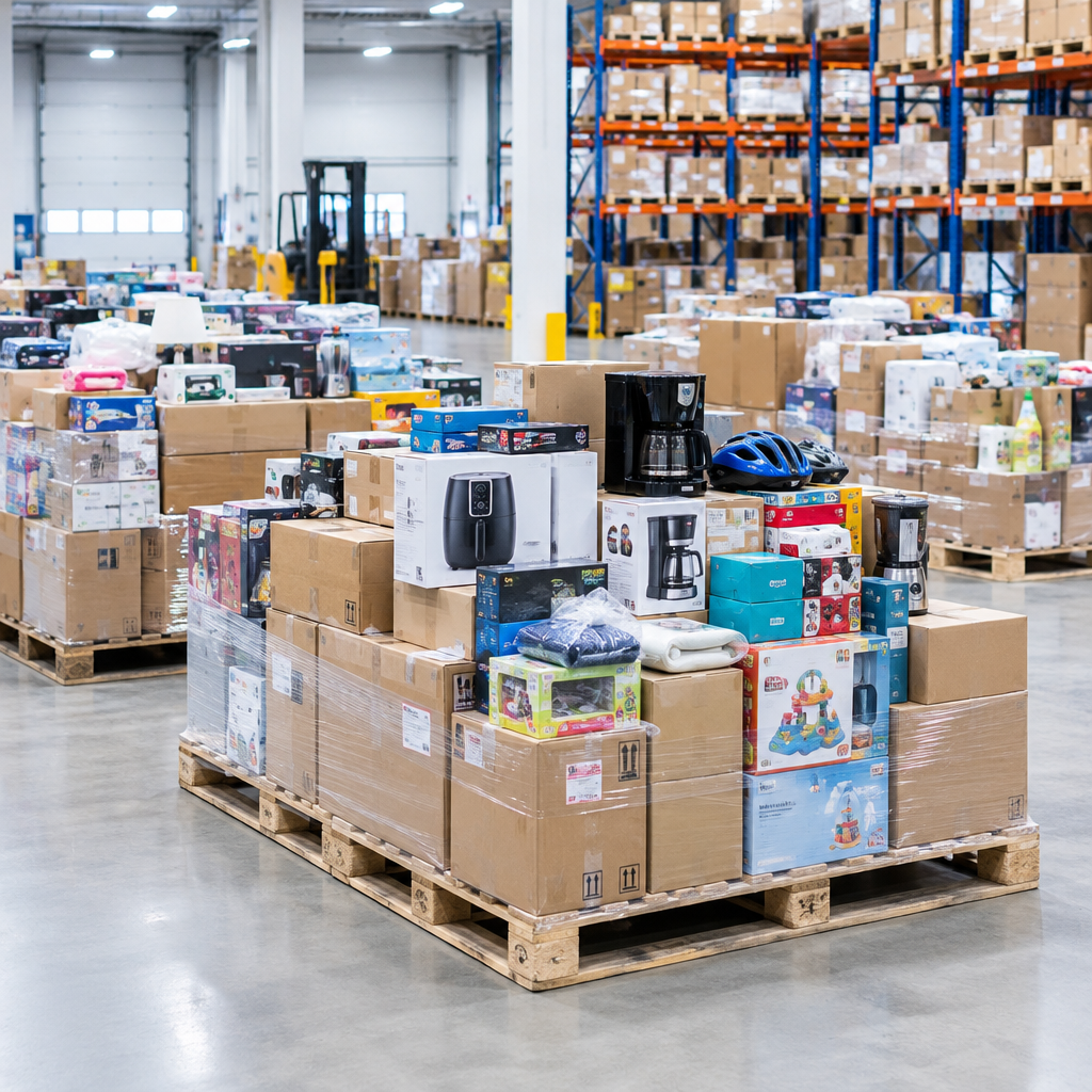 Warehouse pallets of mixed wholesale goods with varied cartons, small appliances, and general merchandise ready for resale