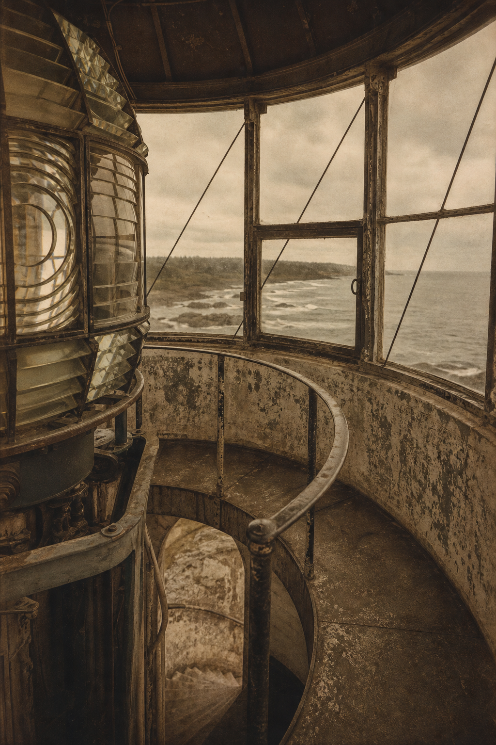 Warm faded archival photograph of a lighthouse lantern room with iron framing, weathered stone stair, and soft film grain