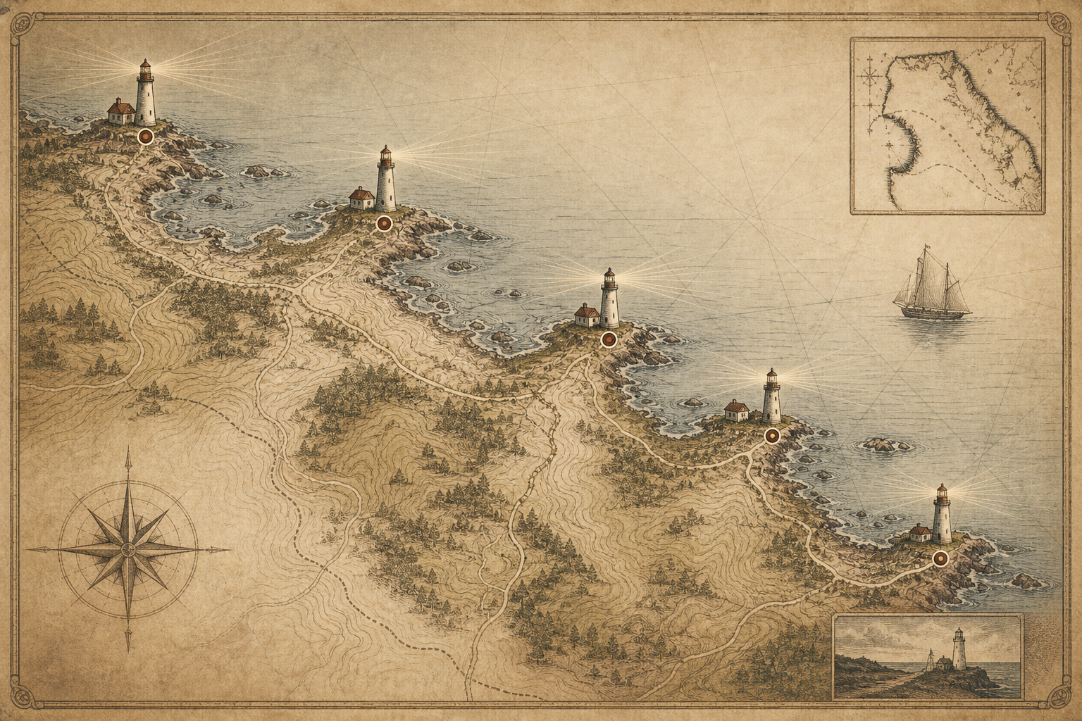 Stylized printed cartography map of the northern coastline with preserved lighthouse markers, contour lines, and beacon rays