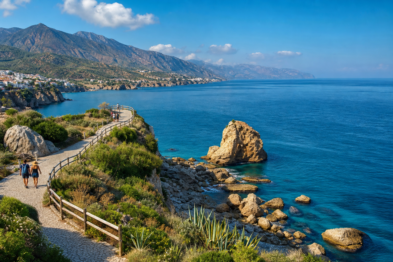 Panoramic coastal viewpoint with rocky cliffs, blue water, and a walking path