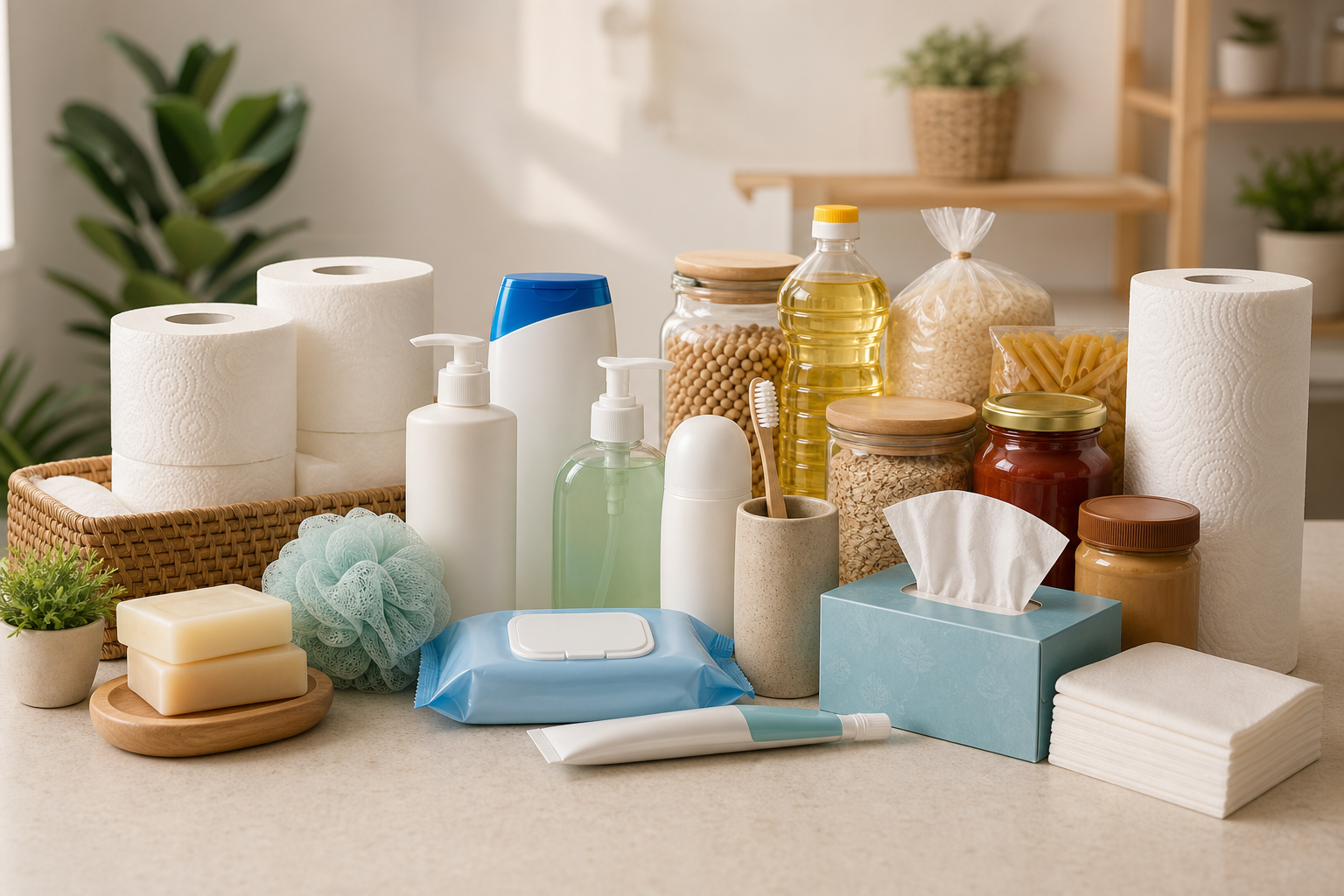 Neatly arranged daily essentials including toiletries and pantry items