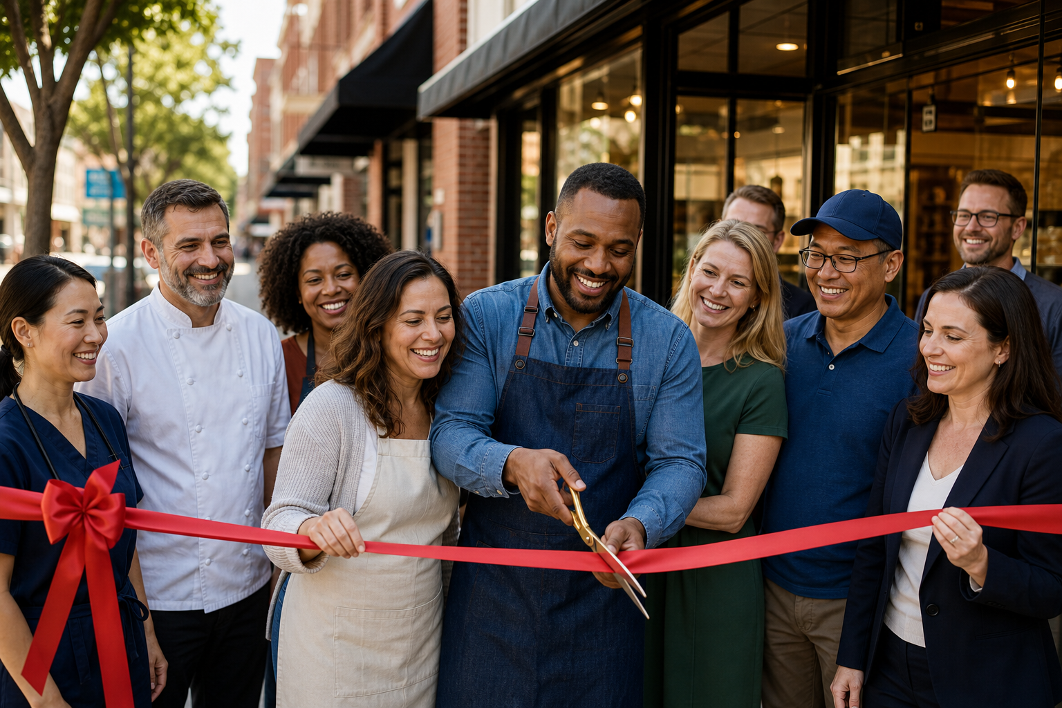 City marketplace ribbon-cutting with a diverse group of shop owners outside a modern storefront, warm daylight