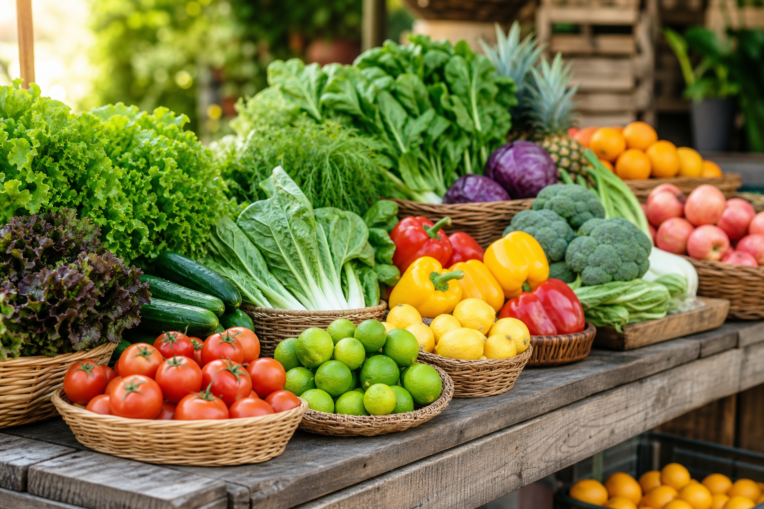 Assorted fresh local vegetables and fruits arranged on a market stall
