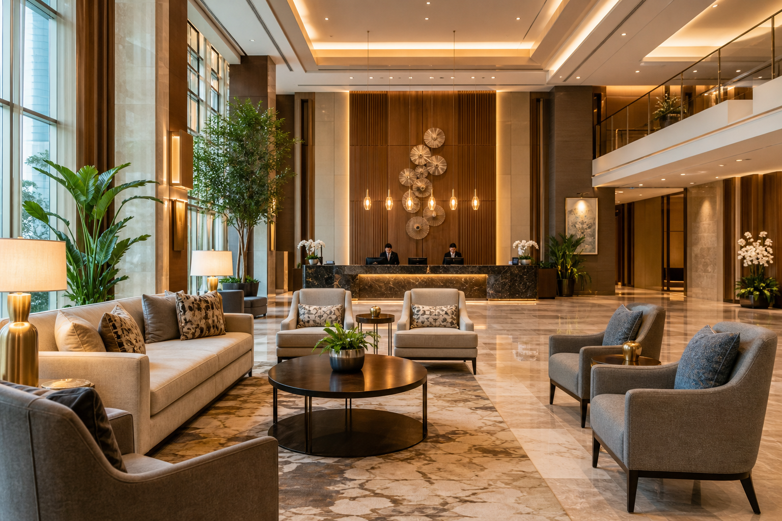 Contemporary hotel lobby with warm lighting, high ceilings, and comfortable seating