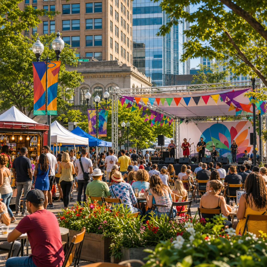 Community festival stage with colorful banners, crowd seating, and food stalls in a city plaza