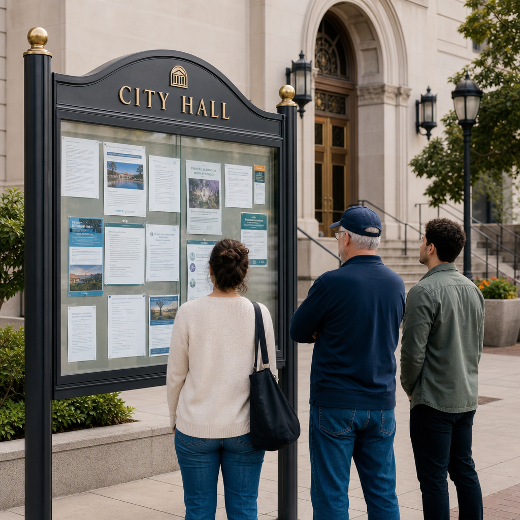 City hall notice board with clear signage and people reading updates, neutral daylight
