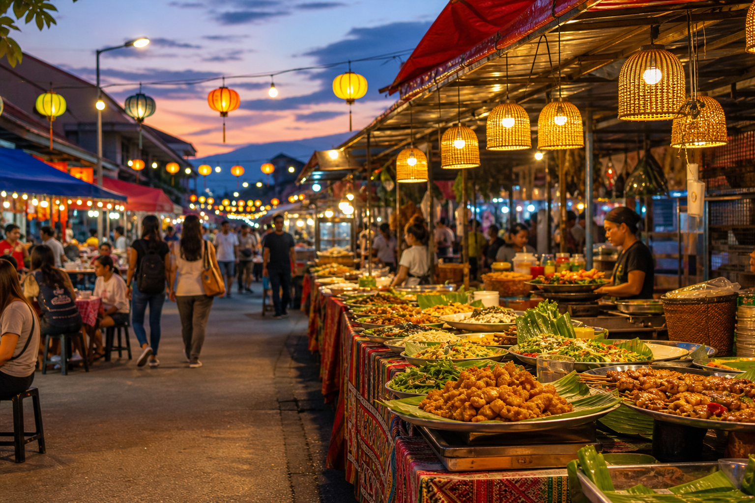 Outdoor food market with colorful stalls, lanterns, and freshly prepared dishes