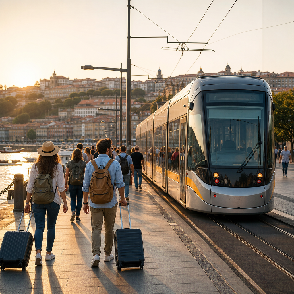Modern city tram arriving near waterfront with tourists and luggage, golden hour lighting