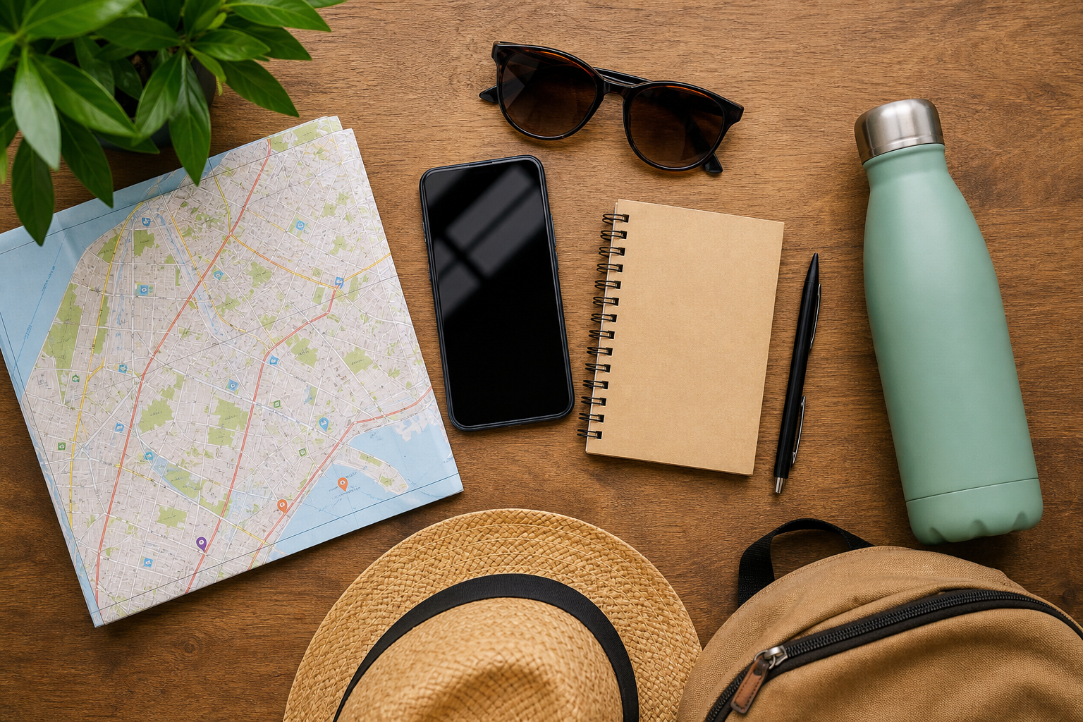 Travel essentials on a desk including a map, phone, notebook, and sunglasses