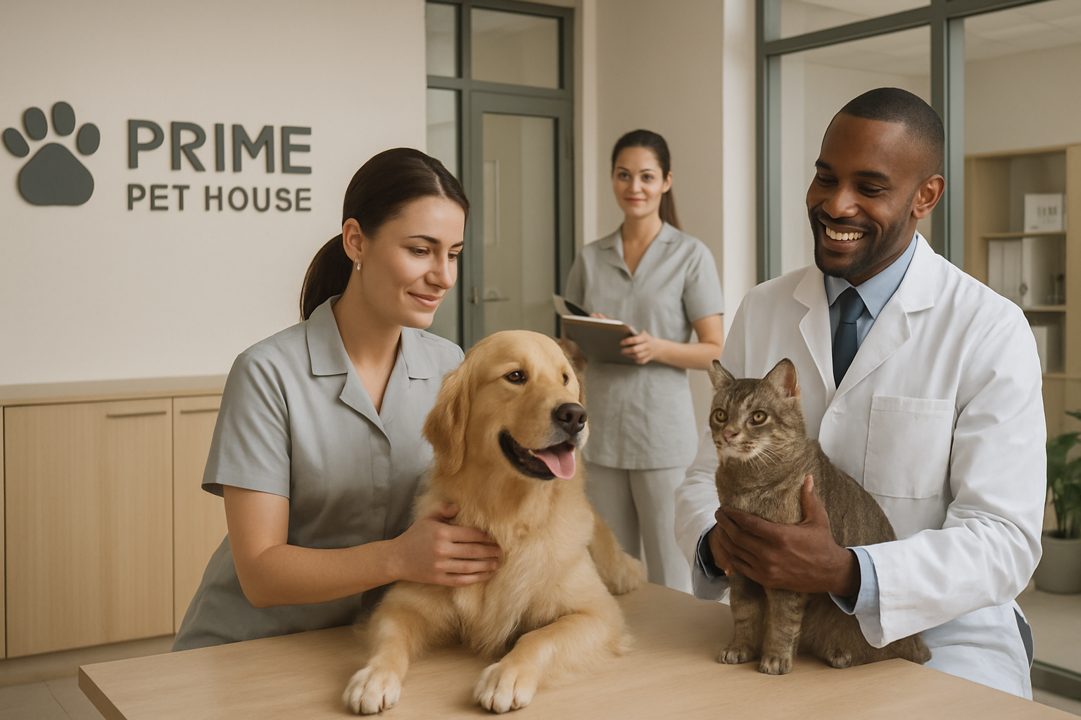 Equipe corporativa de cuidados pet em ambiente moderno e profissional, com clínica organizada e tons neutros