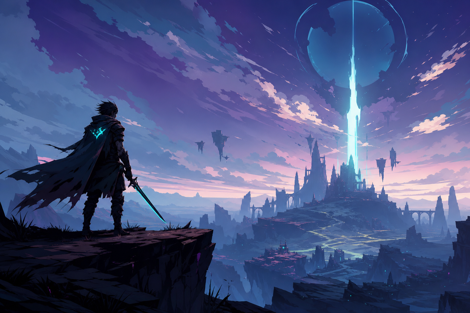 Stylized 2D game key art showing a bold silhouette landscape with clear focal composition, graphic lighting, and restrained cool-toned accents