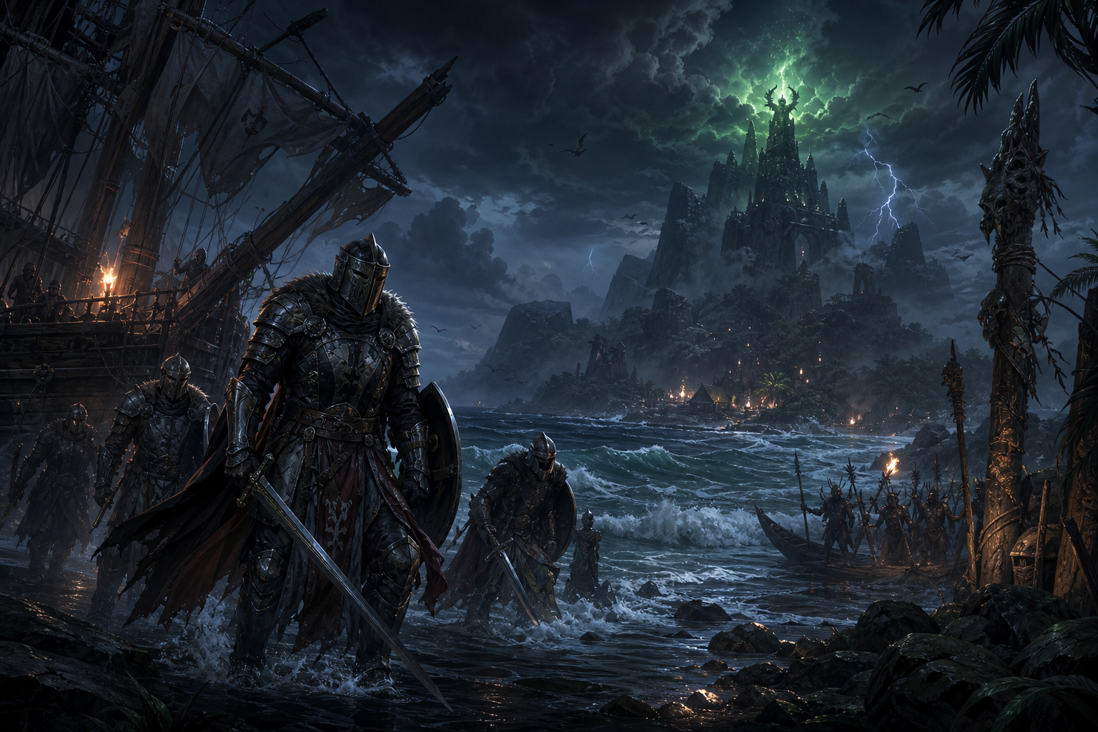 Cinematic 2D MMORPG key art showing armored knights landing on a storm-battered island coast beneath a cursed mountain and ominous green sky