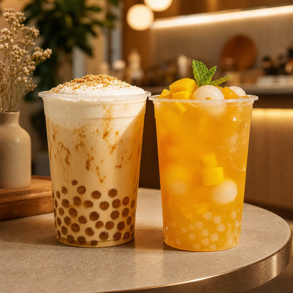 Two elegant bubble tea drinks in clear cups, one creamy milk tea with caramel pearls and one vibrant fruit tea with mango and lychee pieces, set on a warm cafe table