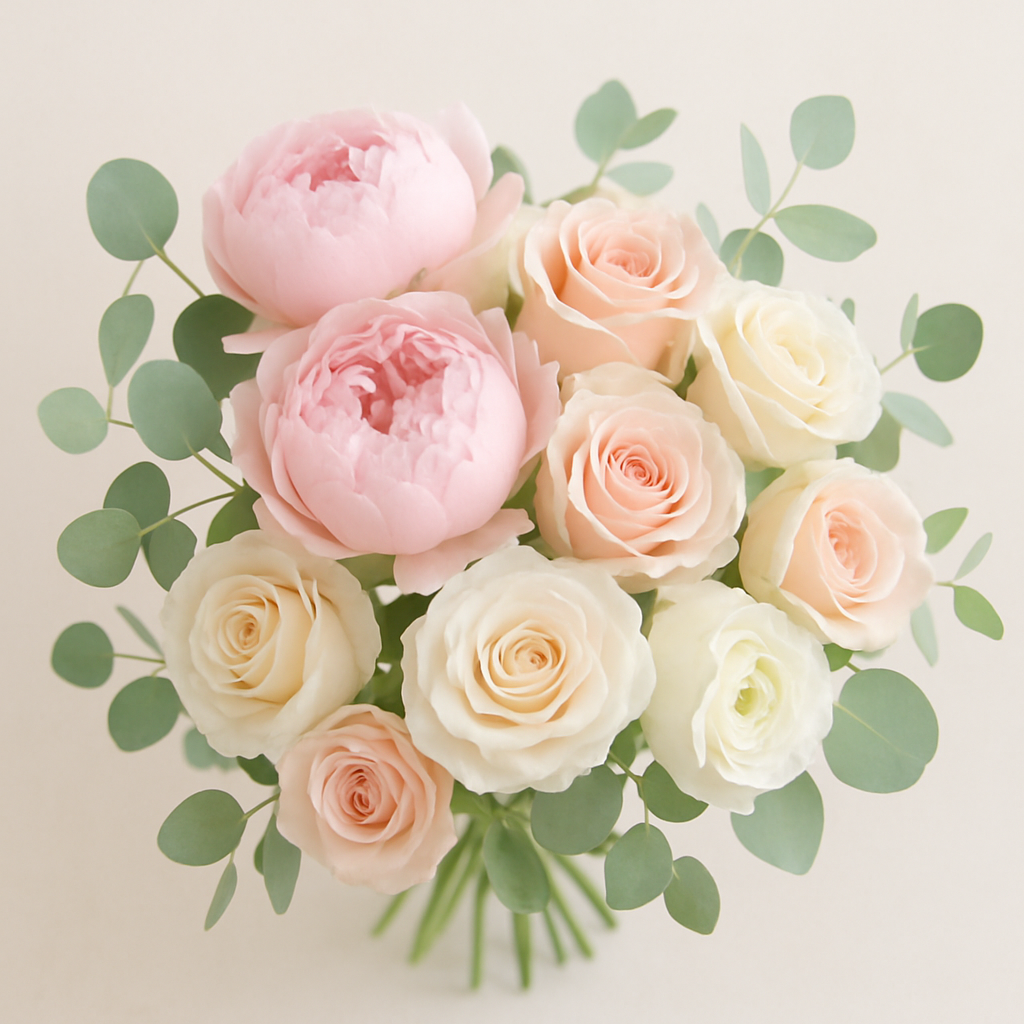 Ніжний букет з півоніями у пастельних тонах