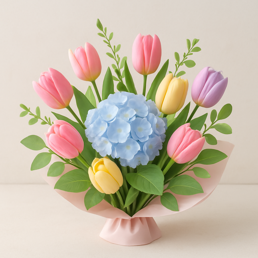 Весняний мікс з тюльпанами, гортензією та зеленню