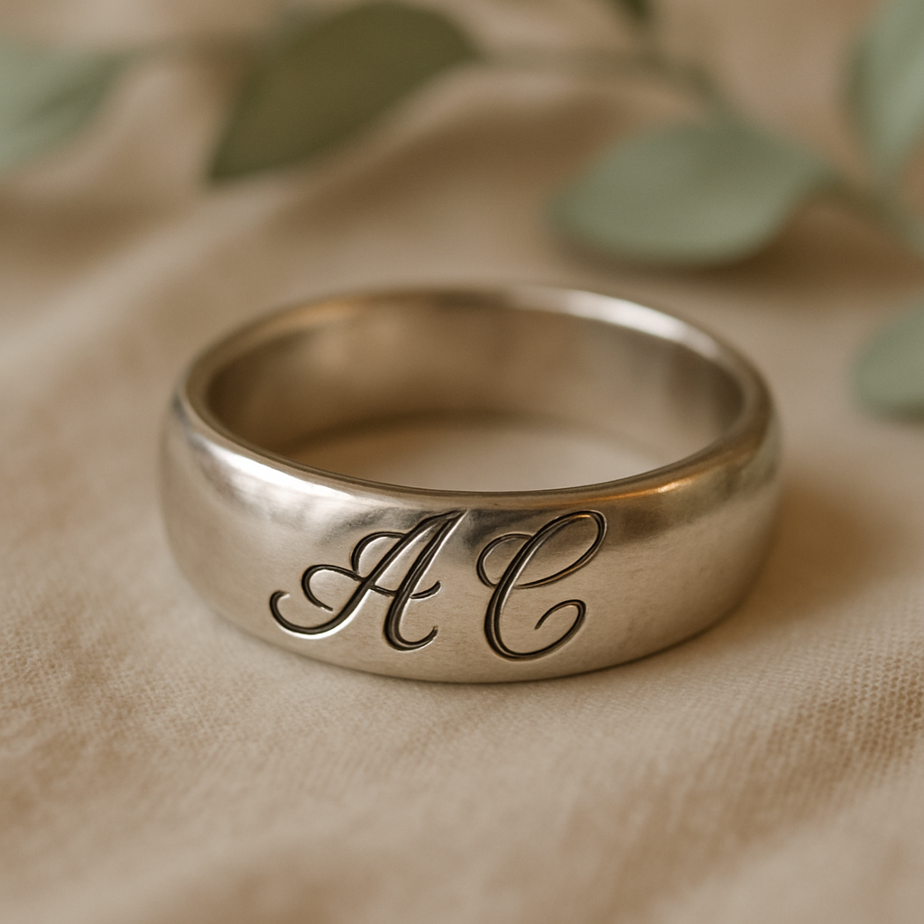 Close-up of silver ring with hand-engraved initials