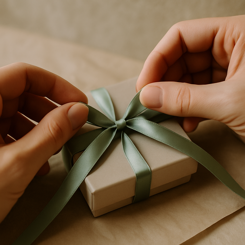 Hands tying ribbon around a small jewelry box