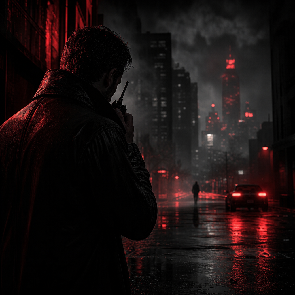 Neo-noir thriller poster showing a rain-soaked city skyline with a lone detective holding a radio, drenched in blood-red light