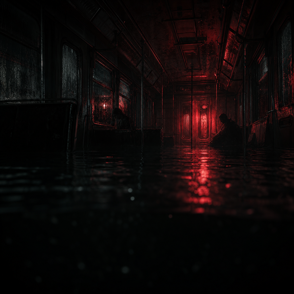 Moody thriller poster featuring a submerged subway car with a faint red glow and drifting silhouettes