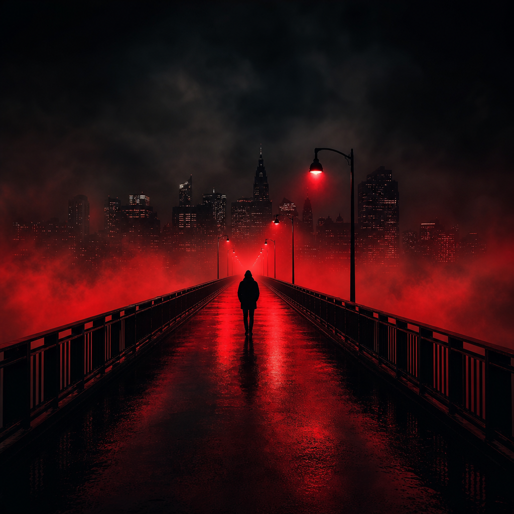 High-contrast thriller poster showing a lone figure on a bridge with red fog and distant city lights