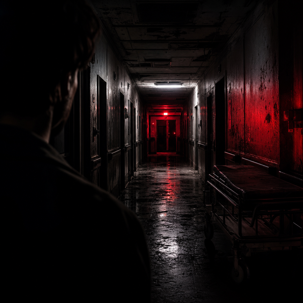 Minimalist thriller poster with a shadowed hospital corridor, flickering lights, and a red emergency door