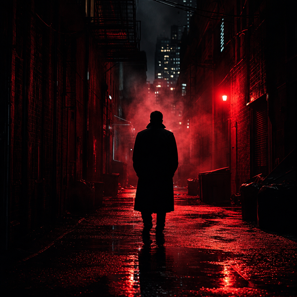 Moody thriller film still showing a lone figure in a rain-soaked alley with neon red light cutting through dense fog