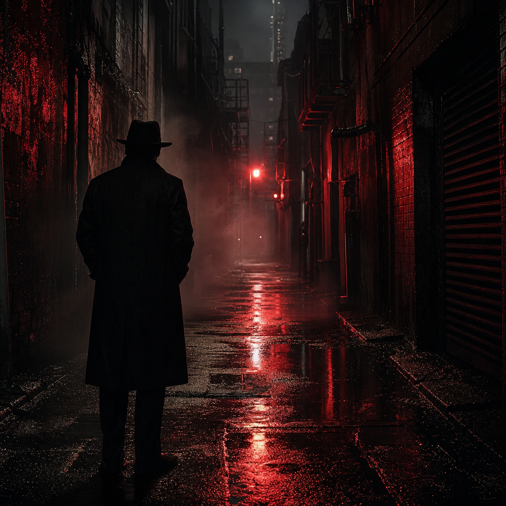 Noir detective in a rain-soaked alley
