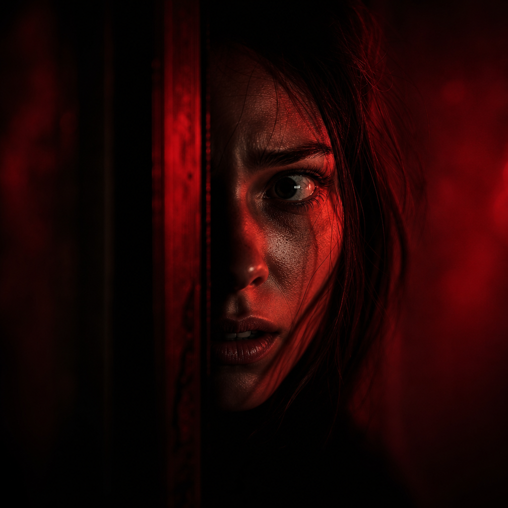 Close-up of a woman with a blood-red light across her face