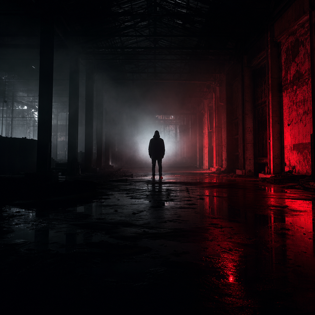 Silhouette of a lone figure in a foggy warehouse