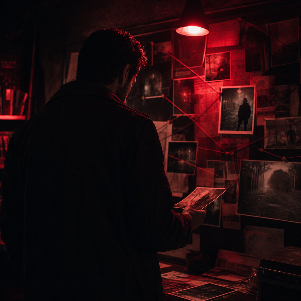 Detective inspecting evidence under harsh red lighting