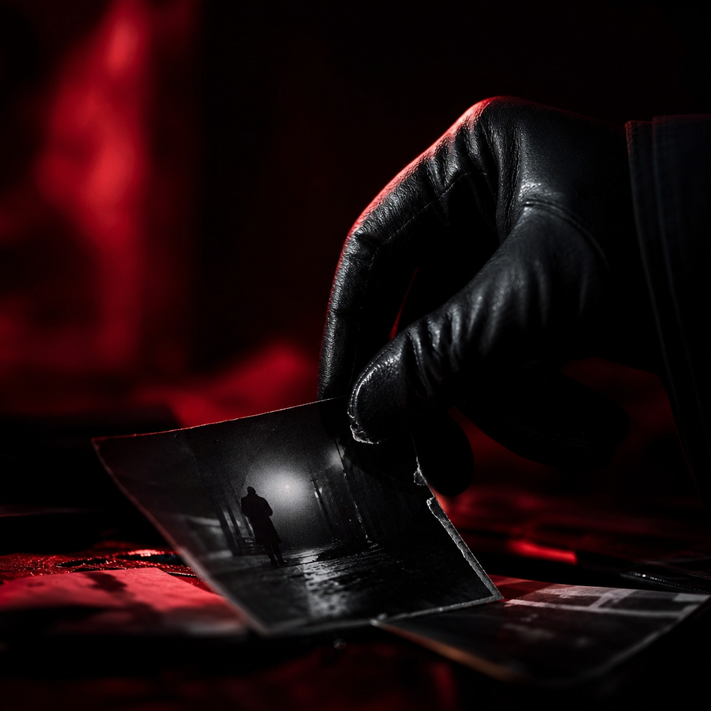 A gloved hand holding a knife in dim light
