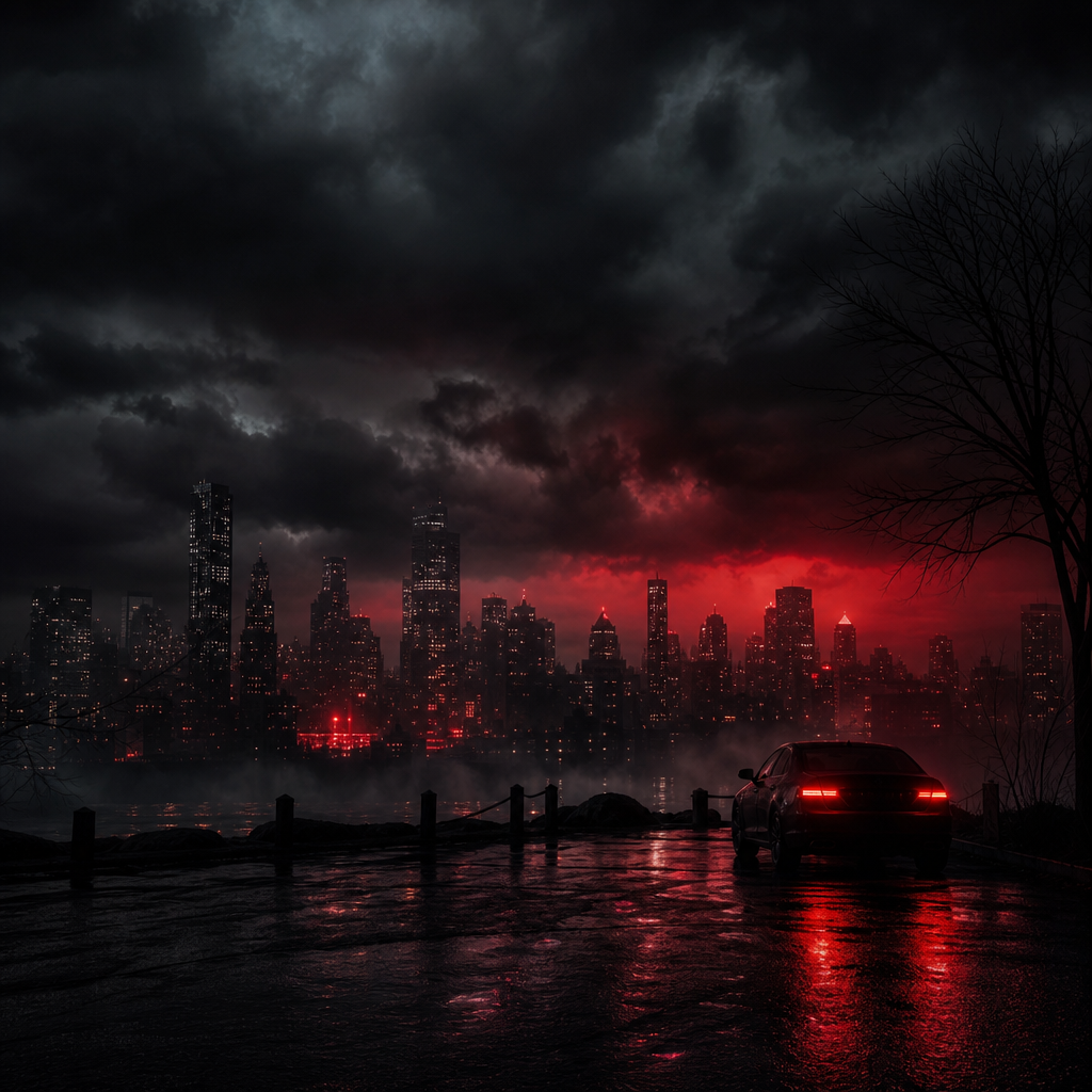 City skyline at night with a looming storm