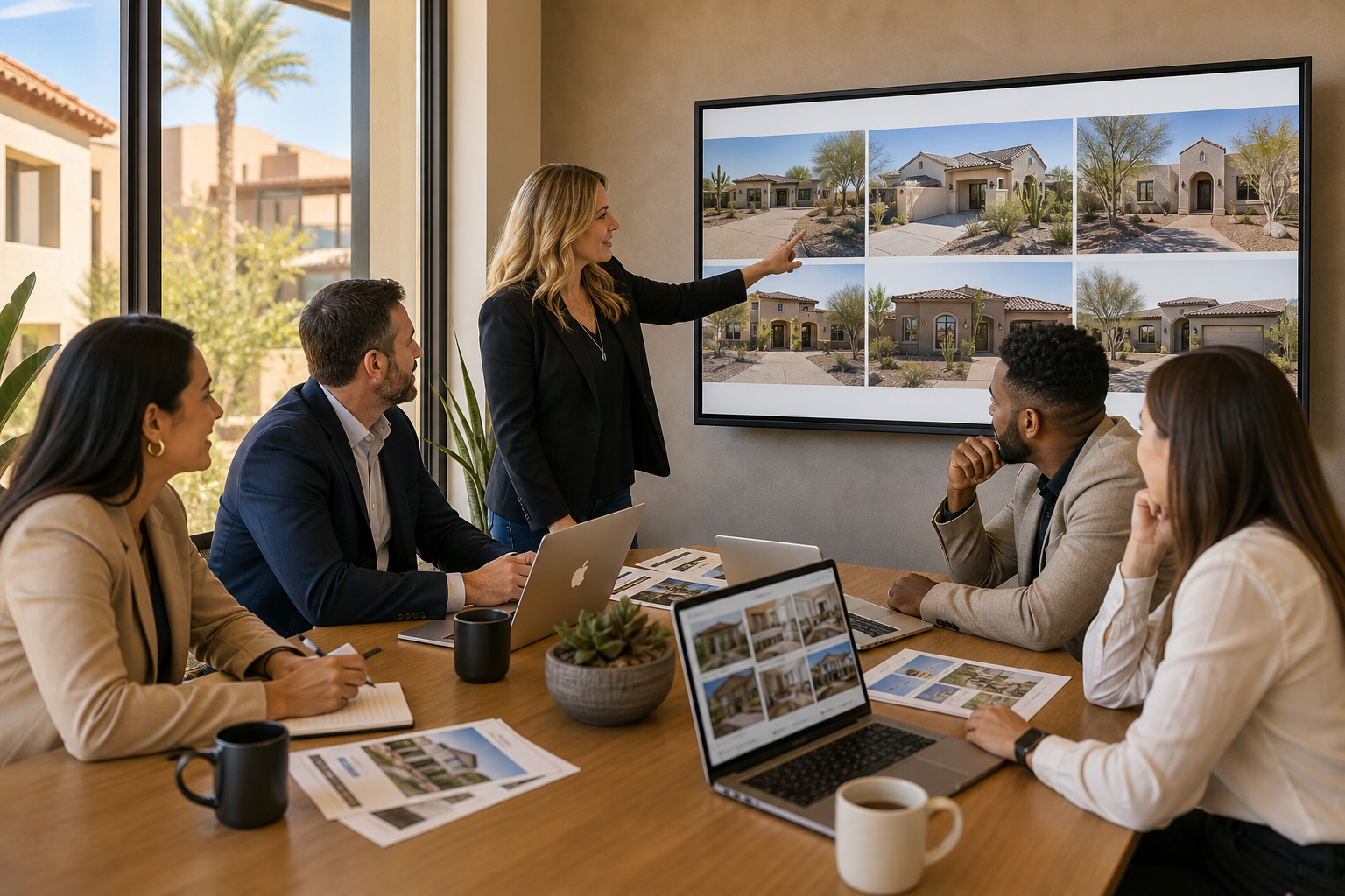 Phoenix-area real estate professionals in an office reviewing active home listings together on a large display