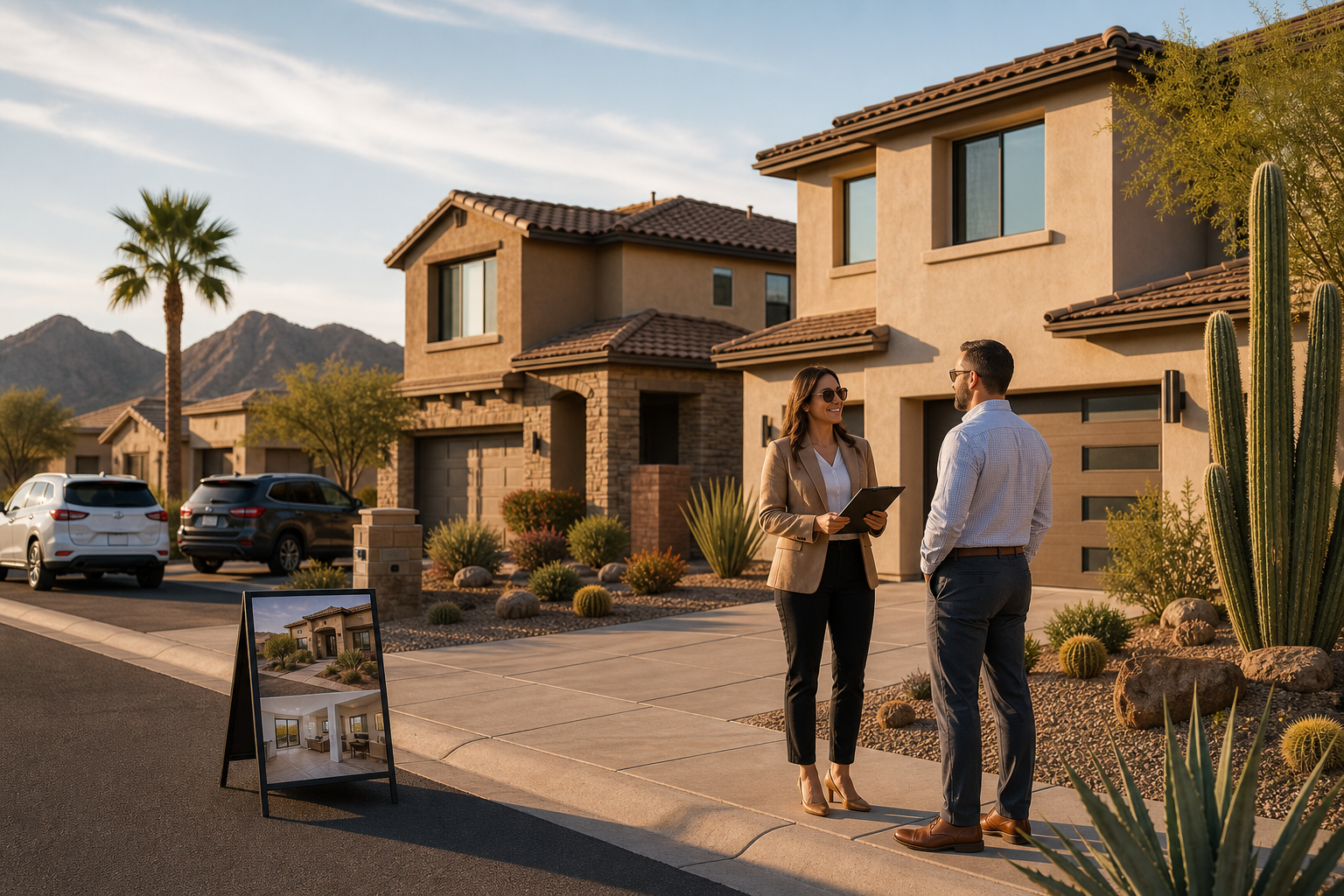 Polished Phoenix neighborhood street with modern desert-style homes during a guided agent home tour