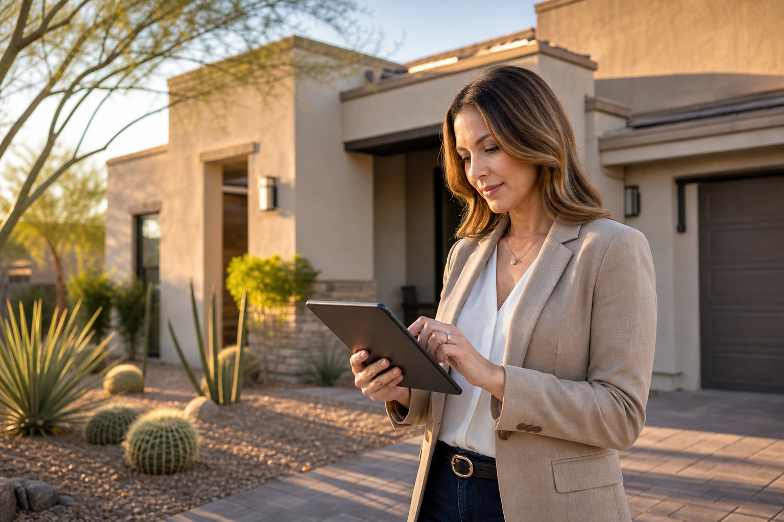 Phoenix listing agent reviewing a home registration form on a tablet in front of a modern stucco house with desert landscaping