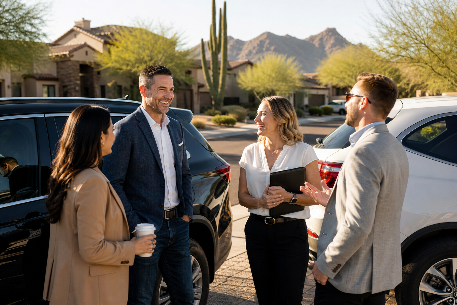 Small group of Phoenix real estate agents greeting each other near parked vehicles before beginning a home tour