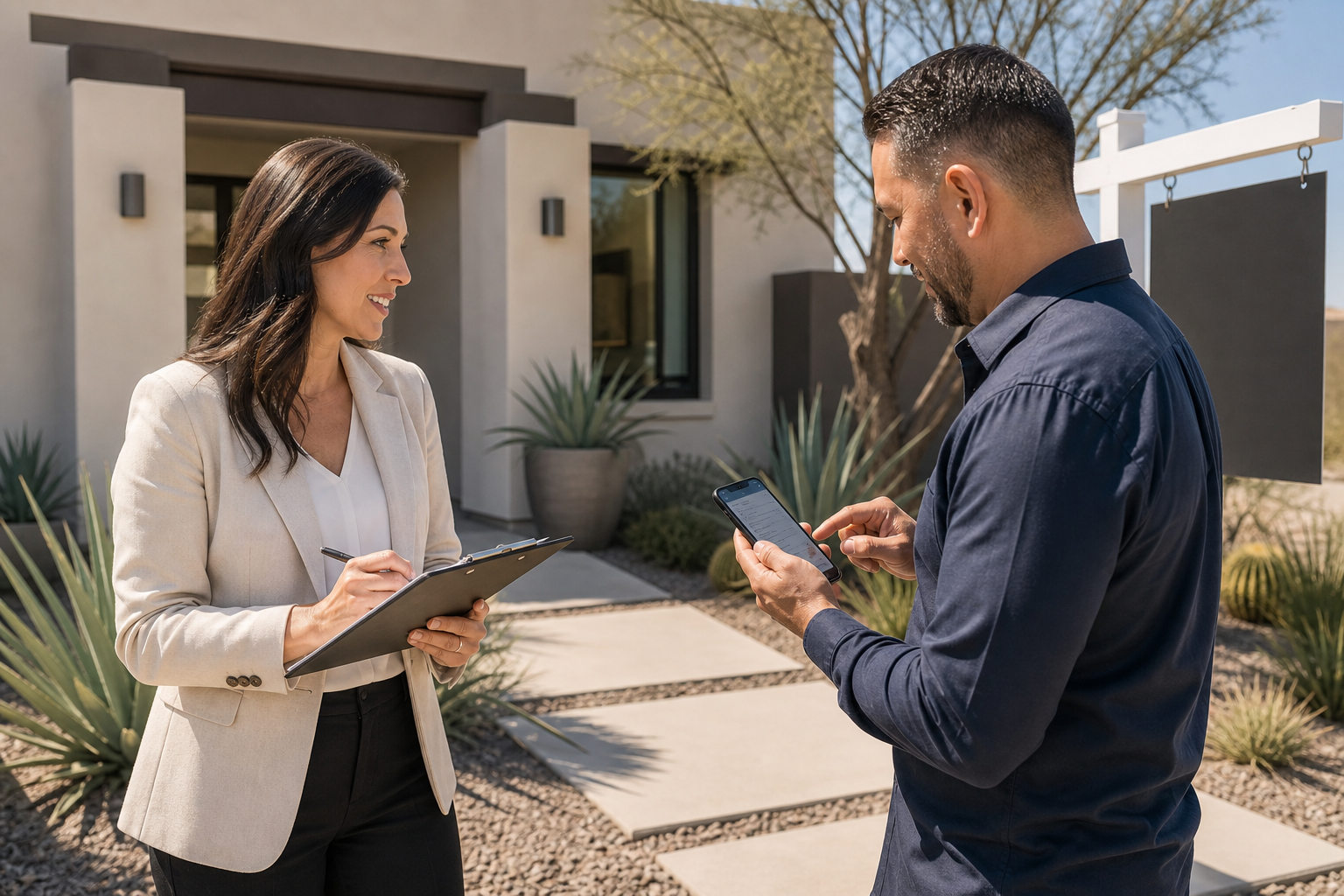 Two agents discussing notes beside an open house sign while one completes a short digital feedback form on a phone