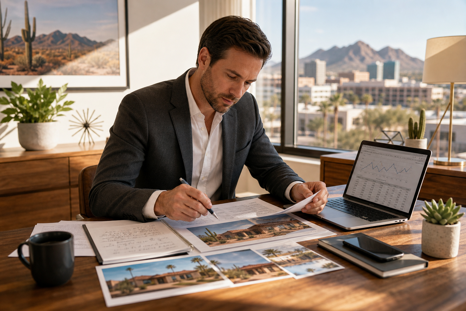 Listing agent at a desk updating a marketing plan with charts and property photos after a Phoenix caravan tour