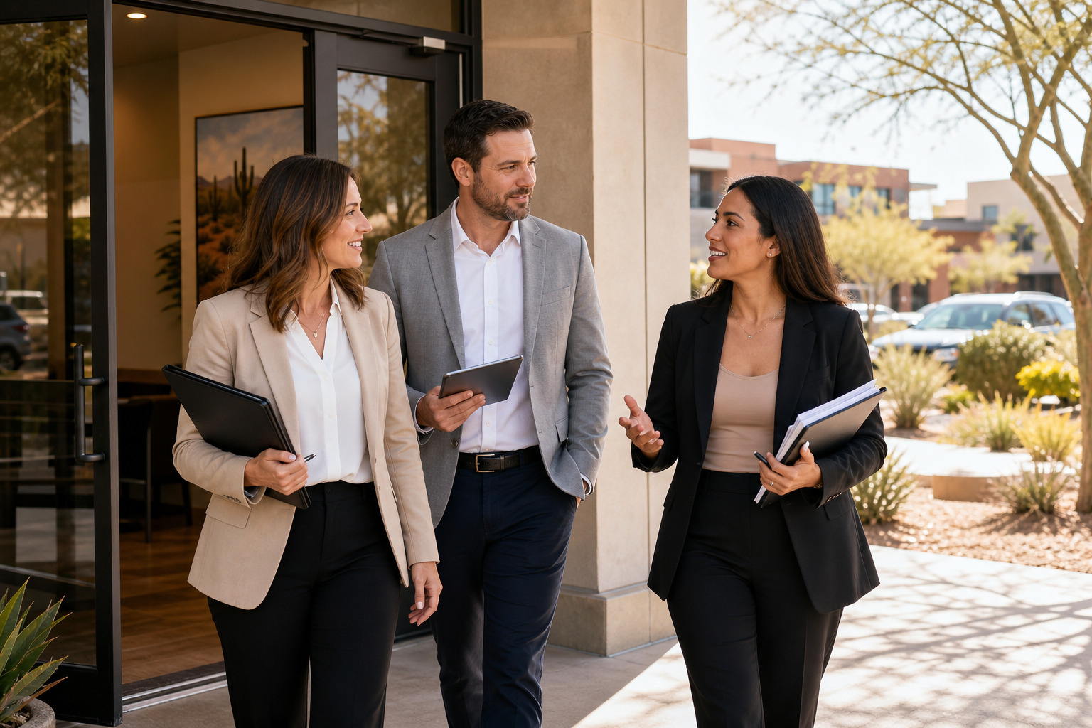 Two Phoenix agents leaving a meeting with folders and tablets, discussing next showing steps outside an office