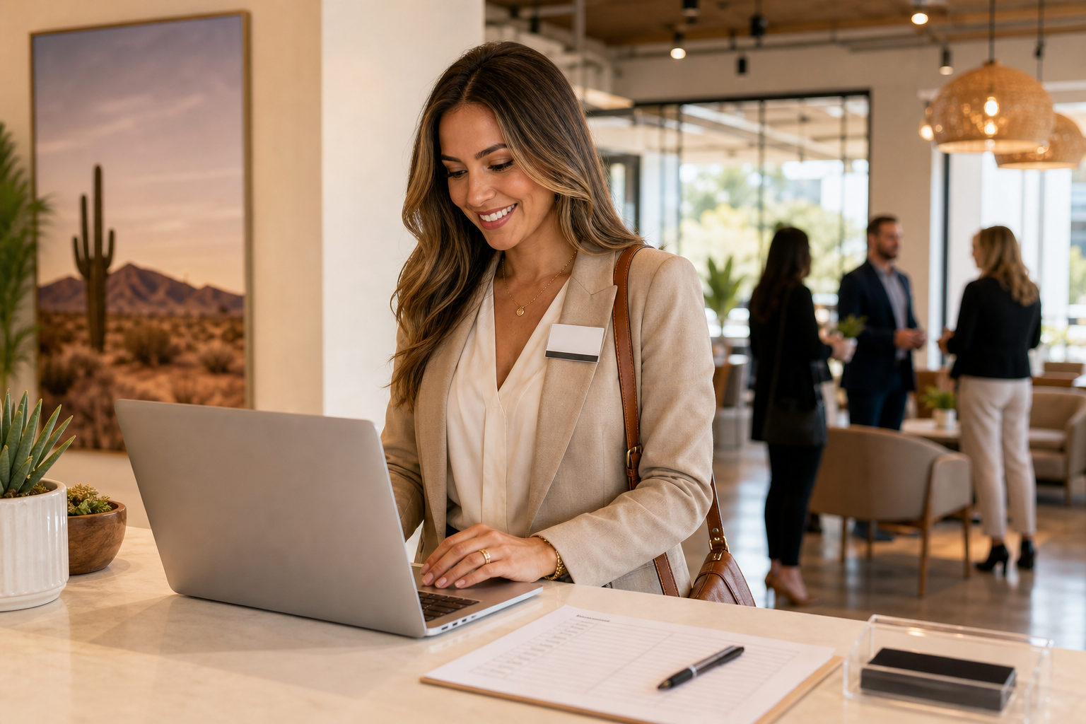 Phoenix real estate agent registering for an Agent Lounge session on a laptop at a welcoming office check-in desk
