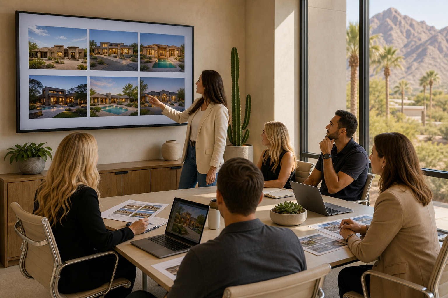 Group of Phoenix agents reviewing home listings together on a large screen in a bright conference room