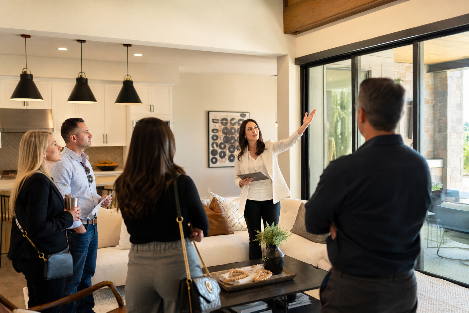 Listing agent presenting a home's features to other professionals in a bright open-plan living area