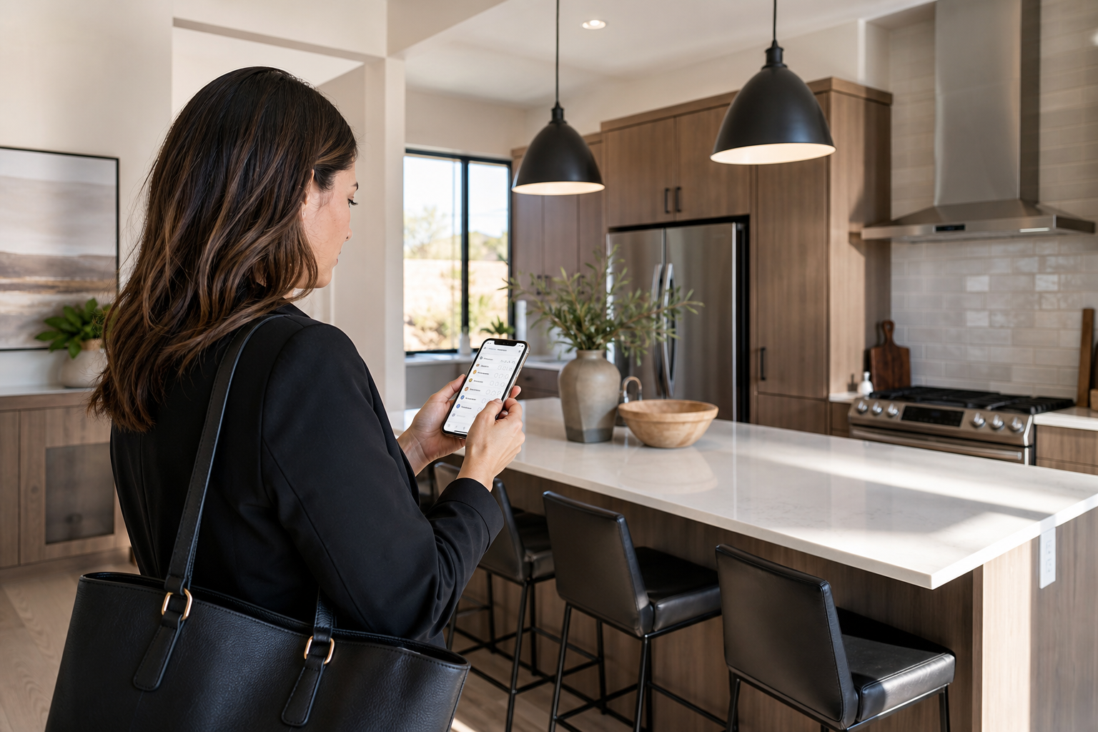 A real estate agent entering survey responses on a phone while standing in a staged kitchen during a property tour