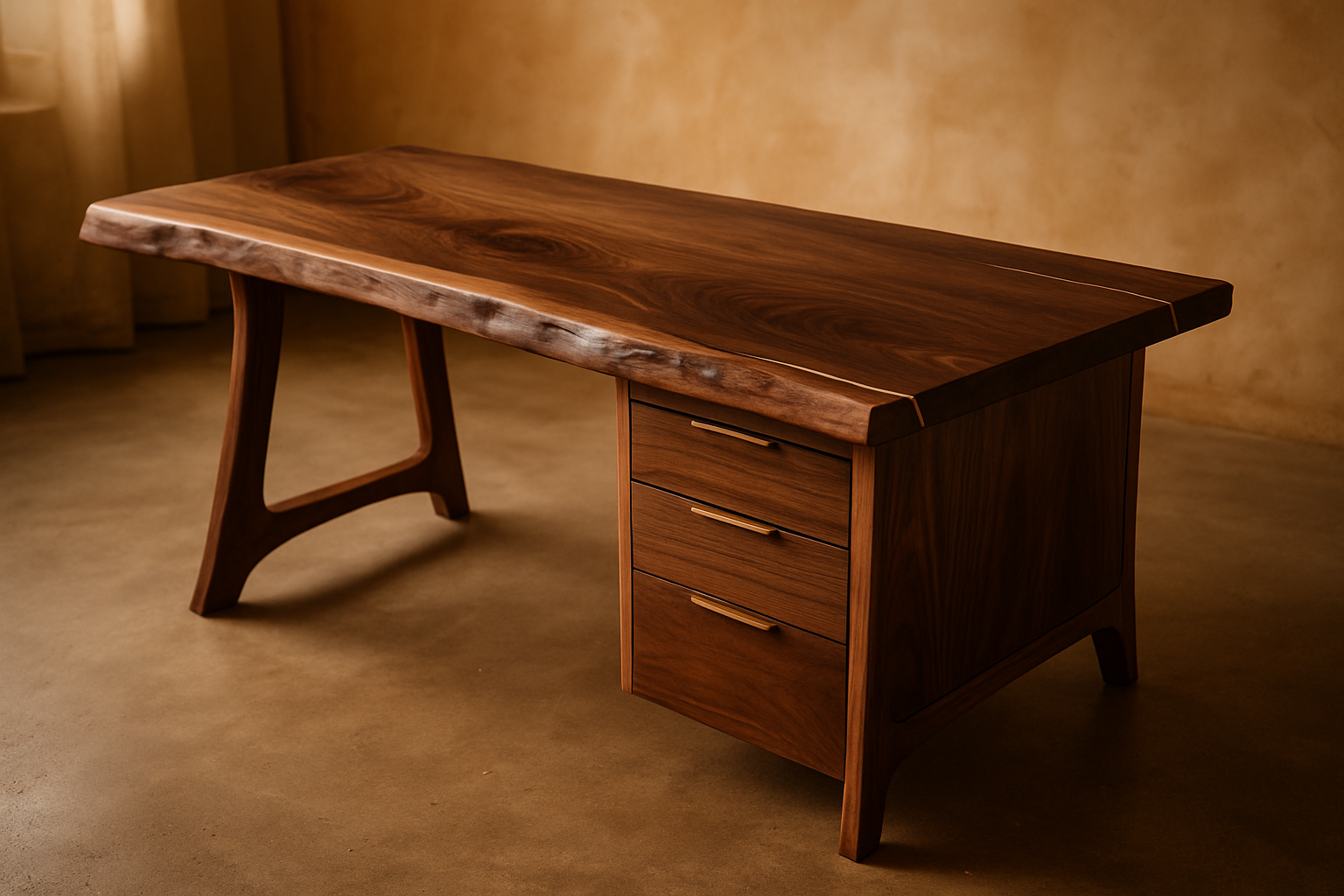 Handcrafted walnut and maple live-edge desk with brass inlays