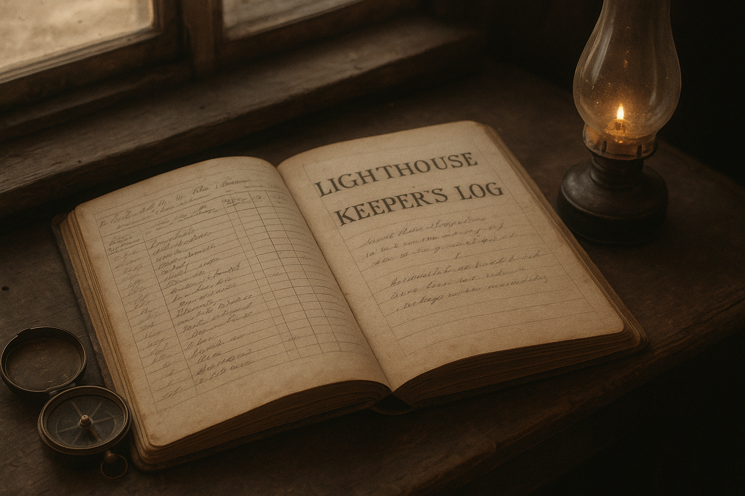 Archival style photograph of a weathered lighthouse logbook beside brass instruments on a wooden desk