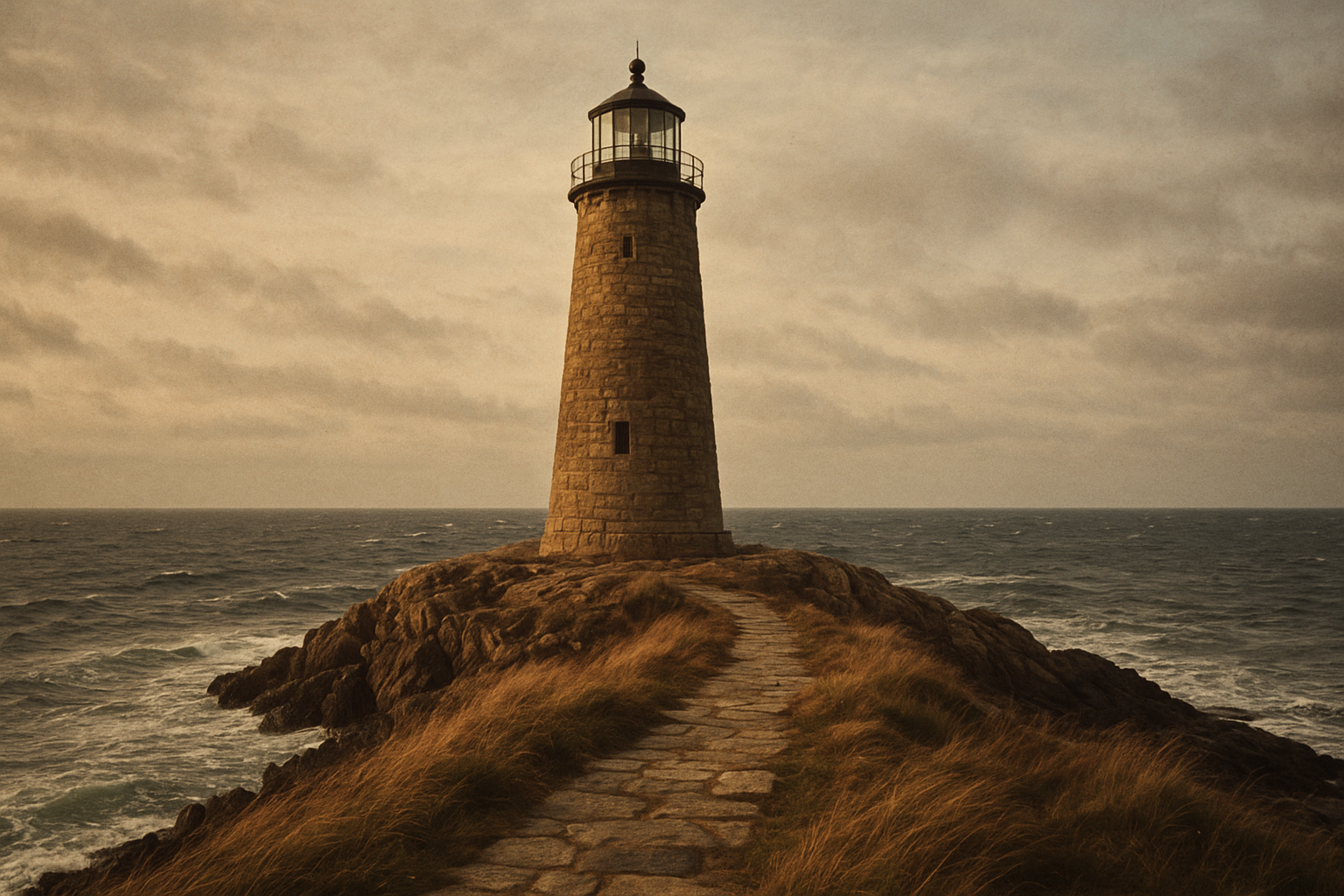 Large archival photograph of a granite lighthouse on a windswept northern cliff at late afternoon, with rough sea and weathered keeper path visible